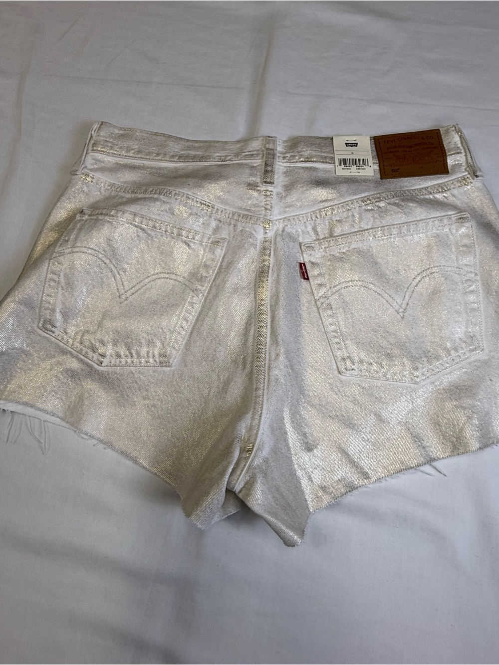 Levis 501 Premium Shorts Womens Sz 31 White Gold Metallic High Rise Cutoff - Picture 12 of 12